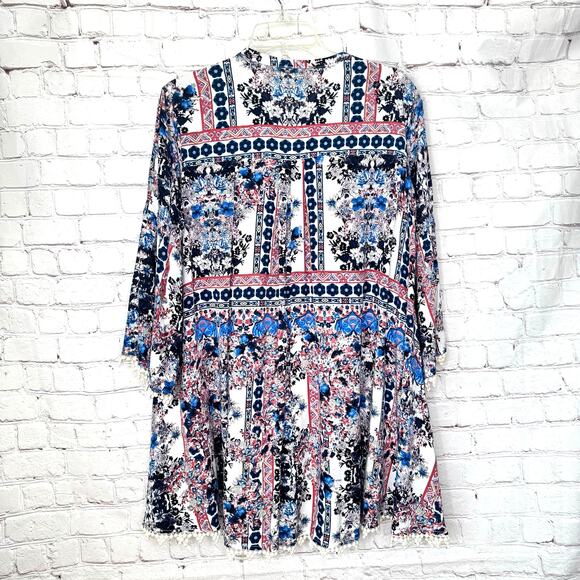 Umgee Wms M Multicolored Floral Geometric Trapeze Mini Dress Boho Hippie - Picture 2 of 9